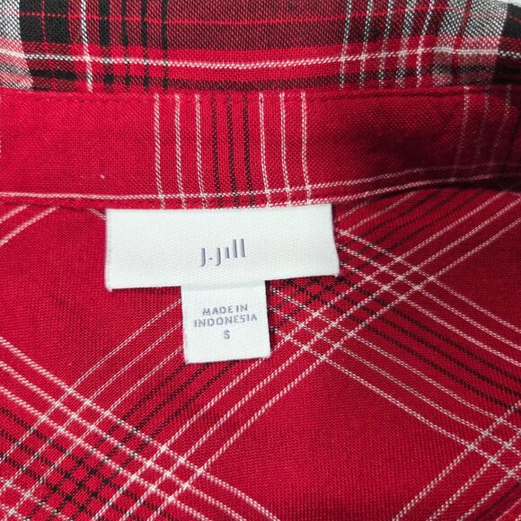 J Jill Top Womens Small Red Plaid Button Up Flowy Tunic Pockets Western Boho - Picture 3 of 8